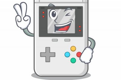 Eine comichafter Game Boy mit Händen, der einem zuzwinkert.