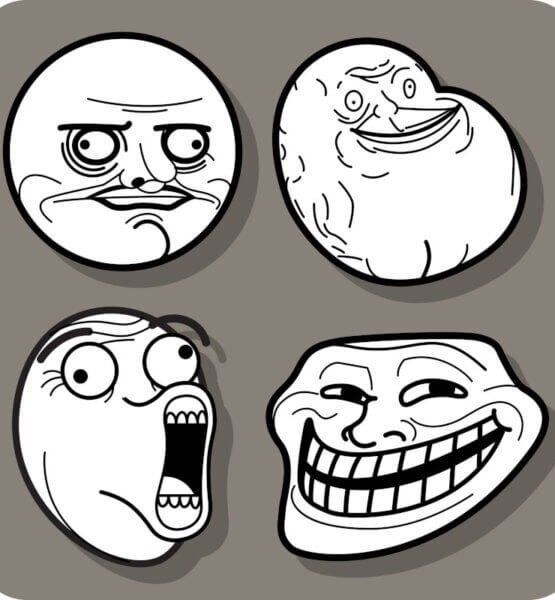 Trollfaces, klassisches Meme aus 2012. Hintergrund Grau .