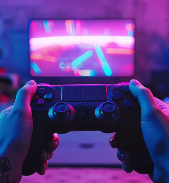 Gaming-Controller in der Hand und im Hintergrund ein Bildschirm auf dem ein verschwommenes Videospiel angezeigt wird. Es soll Mikrotransaktionen im Gaming darstellen.