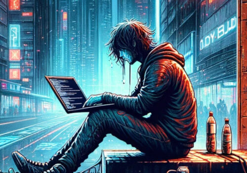 Ein desillusionierter Programmierer sitzt arbeitslos auf einer Straße in einem Cyberpunk-Setting. Die Szene ist dunkel und düster, beleuchtet von grellen Neonlichtern. Futuristische Gebäude und Technologie umgeben ihn, während er erschöpft und verloren wirkt. Die Atmosphäre verbindet High-Tech-Elemente mit urbanem Verfall, was eine dystopische Zukunftsvision vermittelt.