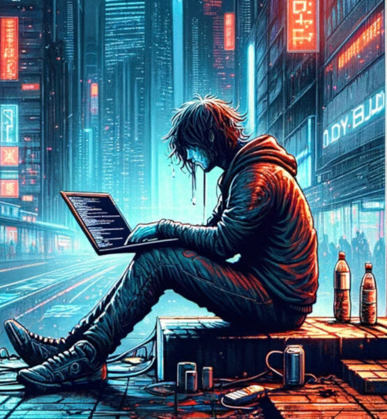 Ein desillusionierter Programmierer sitzt arbeitslos auf einer Straße in einem Cyberpunk-Setting. Die Szene ist dunkel und düster, beleuchtet von grellen Neonlichtern. Futuristische Gebäude und Technologie umgeben ihn, während er erschöpft und verloren wirkt. Die Atmosphäre verbindet High-Tech-Elemente mit urbanem Verfall, was eine dystopische Zukunftsvision vermittelt.