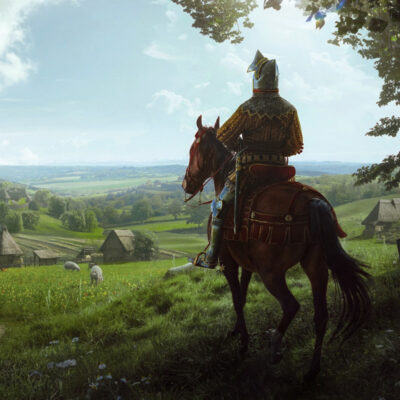 Das Artwork von Manor Lords zeigt die Rückseite eines Ritters auf einem Pferd, der aus der Ferne auf eine mittelalterliche Stadt schaut.