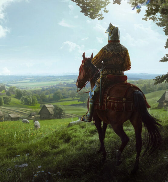 Das Artwork von Manor Lords zeigt die Rückseite eines Ritters auf einem Pferd, der aus der Ferne auf eine mittelalterliche Stadt schaut.