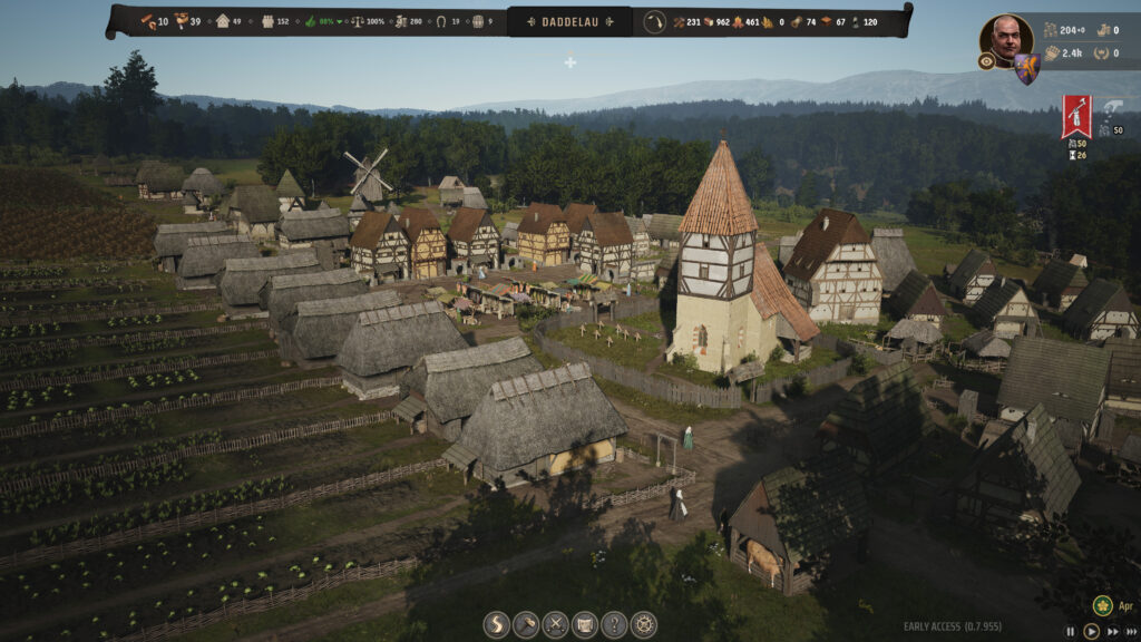 Eine größere Stadt mit ersten steinernen Gebäude am Markt im Spiel Manor Lords