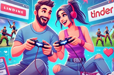 Illustration of a couple happily playing Fortnite together, having met through Tinder. The scene features bright colors, clean lines, and a playful, modern aesthetic inspired by Javier Medellin Puyou. The background includes hearts, game icons, and the Tinder logo, emphasizing the dating and gaming theme.