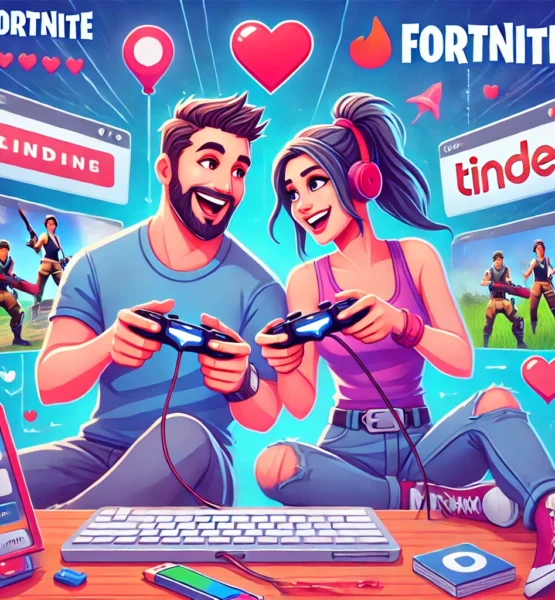 Illustration of a couple happily playing Fortnite together, having met through Tinder. The scene features bright colors, clean lines, and a playful, modern aesthetic inspired by Javier Medellin Puyou. The background includes hearts, game icons, and the Tinder logo, emphasizing the dating and gaming theme.