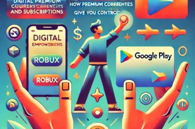 An illustration with the theme 'Digital Empowerment_ How Premium Currencies and Subscriptions Give You Control,' featuring Robux and Google Play Cards