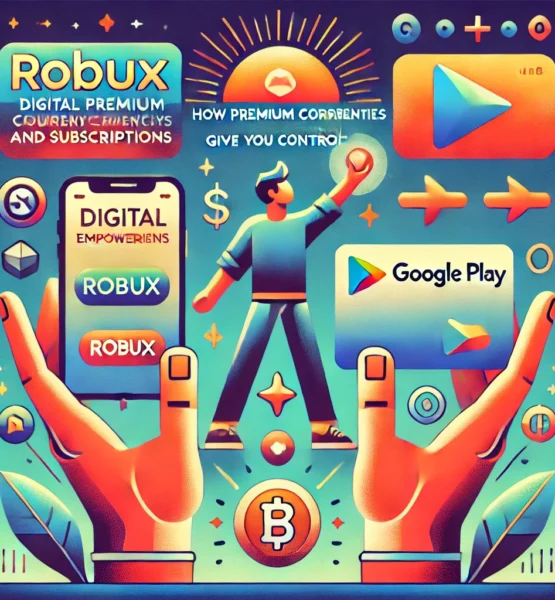 An illustration with the theme 'Digital Empowerment_ How Premium Currencies and Subscriptions Give You Control,' featuring Robux and Google Play Cards