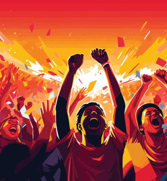 Ein lebendiges, farbenfrohes Bild zeigt eine jubelnde Menschenmenge bei einer Fußball-EM. Die Szene ist in kräftigen Rot-, Gelb- und Orangetönen gehalten, und die Menschen heben ihre Arme in die Luft und feiern ausgelassen. Konfetti und Lichtstrahlen verstärken die festliche Atmosphäre.