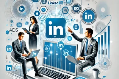 Eine professionelle und dynamische Illustration, die die Macht von LinkedIn-Werbung und Erfolgsstrategien für mehr Leads und Umsatz darstellt. Das Bild zeigt Geschäftsleute, die LinkedIn auf Laptops und Smartphones nutzen und mit Werbung und Networking interagieren. LinkedIn-Logos sind prominent zu sehen, ebenso wie Symbole und Grafiken, die steigende Leads, Wachstumsdiagramme und Umsatz darstellen. Das Design ist modern und elegant, mit Farben wie Blau, Weiß und Grau. Im Hintergrund sind abstrakte Formen und Muster zu sehen, die Technologie und Geschäftswachstum symbolisieren. Quadratisches Format.