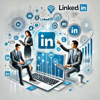 Eine professionelle und dynamische Illustration, die die Macht von LinkedIn-Werbung und Erfolgsstrategien für mehr Leads und Umsatz darstellt. Das Bild zeigt Geschäftsleute, die LinkedIn auf Laptops und Smartphones nutzen und mit Werbung und Networking interagieren. LinkedIn-Logos sind prominent zu sehen, ebenso wie Symbole und Grafiken, die steigende Leads, Wachstumsdiagramme und Umsatz darstellen. Das Design ist modern und elegant, mit Farben wie Blau, Weiß und Grau. Im Hintergrund sind abstrakte Formen und Muster zu sehen, die Technologie und Geschäftswachstum symbolisieren. Quadratisches Format.