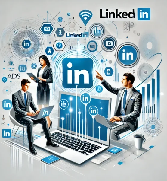 Eine professionelle und dynamische Illustration, die die Macht von LinkedIn-Werbung und Erfolgsstrategien für mehr Leads und Umsatz darstellt. Das Bild zeigt Geschäftsleute, die LinkedIn auf Laptops und Smartphones nutzen und mit Werbung und Networking interagieren. LinkedIn-Logos sind prominent zu sehen, ebenso wie Symbole und Grafiken, die steigende Leads, Wachstumsdiagramme und Umsatz darstellen. Das Design ist modern und elegant, mit Farben wie Blau, Weiß und Grau. Im Hintergrund sind abstrakte Formen und Muster zu sehen, die Technologie und Geschäftswachstum symbolisieren. Quadratisches Format.