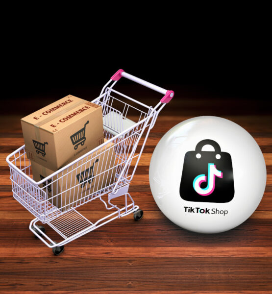 Bild vom TikTok-Shop Logo und einem Einkaufswagen mit Paketen gefüllt.