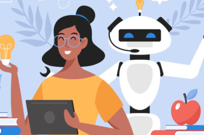 Illustration einer Frau mit Brille, die ein Tablet hält und neben einem Roboter sitzt. Die Frau hält eine Glühbirne, die Kreativität und Ideen symbolisiert. Im Hintergrund sind Bücher, eine Kaffeetasse und weitere technische Symbole zu sehen, die Bildung und Technologie darstellen. Der Roboter hebt eine Hand, während über ihm ebenfalls eine Glühbirne leuchtet, was auf künstliche Intelligenz und Innovation hinweist.