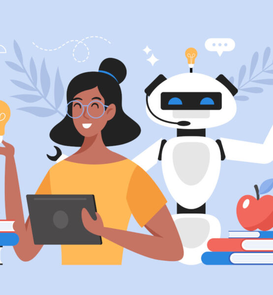 Illustration einer Frau mit Brille, die ein Tablet hält und neben einem Roboter sitzt. Die Frau hält eine Glühbirne, die Kreativität und Ideen symbolisiert. Im Hintergrund sind Bücher, eine Kaffeetasse und weitere technische Symbole zu sehen, die Bildung und Technologie darstellen. Der Roboter hebt eine Hand, während über ihm ebenfalls eine Glühbirne leuchtet, was auf künstliche Intelligenz und Innovation hinweist.