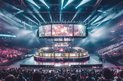 Eine große, gut beleuchtete Esports-Arena ist bis auf den letzten Platz gefüllt mit begeisterten Zuschauern. Im Zentrum der Arena befindet sich eine beeindruckende Bühne mit mehreren großen Bildschirmen, auf denen das laufende Spielgeschehen gezeigt wird.