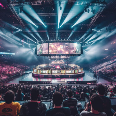 Eine große, gut beleuchtete Esports-Arena ist bis auf den letzten Platz gefüllt mit begeisterten Zuschauern. Im Zentrum der Arena befindet sich eine beeindruckende Bühne mit mehreren großen Bildschirmen, auf denen das laufende Spielgeschehen gezeigt wird.