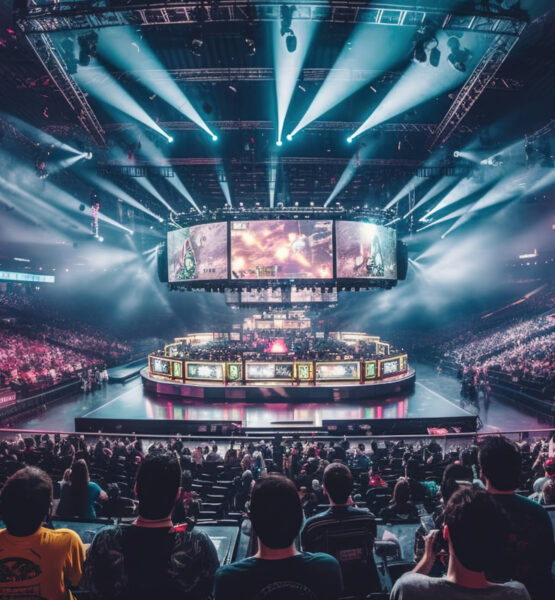 Eine große, gut beleuchtete Esports-Arena ist bis auf den letzten Platz gefüllt mit begeisterten Zuschauern. Im Zentrum der Arena befindet sich eine beeindruckende Bühne mit mehreren großen Bildschirmen, auf denen das laufende Spielgeschehen gezeigt wird.