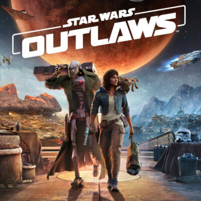 Boxart von Star Wars Outlaws mit den Protanisten Kay, Nix und ND-5. Im Hintergrund sind mehrere Welten und Raumschiffe aus dem Spiel zu sehen.