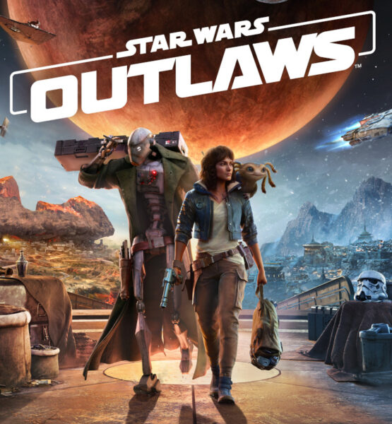 Boxart von Star Wars Outlaws mit den Protanisten Kay, Nix und ND-5. Im Hintergrund sind mehrere Welten und Raumschiffe aus dem Spiel zu sehen.