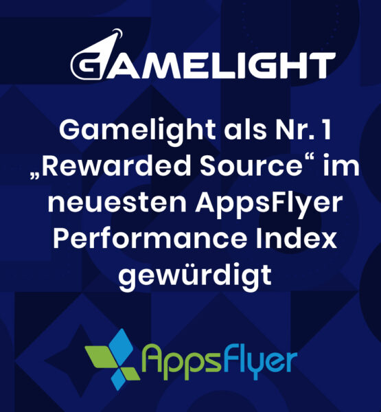 Grafik mit blauem Hintergrund. Oben steht das Logo von Gamelight. Darunter die Aussage „Gamelight als Nr. 1 'Rewarded Source' im neuesten AppsFlyer Performance Index gewürdigt“. Unten befindet sich das Logo von AppsFlyer.