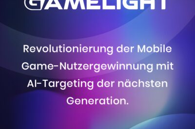 Grafik mit Gamelight-Logo auf einem farbigen, verlaufenden Hintergrund. Text: „Revolutionierung der Mobile Game-Nutzergewinnung mit AI-Targeting der nächsten Generation.“