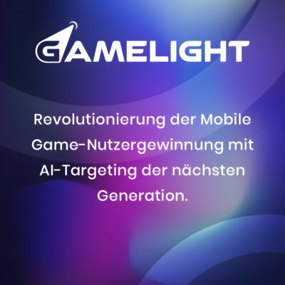 Grafik mit Gamelight-Logo auf einem farbigen, verlaufenden Hintergrund. Text: „Revolutionierung der Mobile Game-Nutzergewinnung mit AI-Targeting der nächsten Generation.“