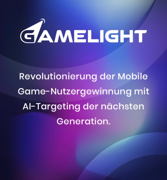 Grafik mit Gamelight-Logo auf einem farbigen, verlaufenden Hintergrund. Text: „Revolutionierung der Mobile Game-Nutzergewinnung mit AI-Targeting der nächsten Generation.“