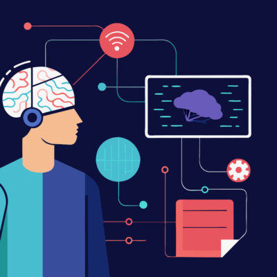 "Illustration eines Brain-Computer-Interfaces (BCI). Eine stilisierte Figur trägt ein Headset, das Signale von ihrem Gehirn an verschiedene digitale Schnittstellen sendet, die durch farbige Symbole und Linien dargestellt sind. Die Verbindungslinien führen zu verschiedenen Elementen wie einem Computerbildschirm mit einem Gehirnsymbol, einem Symbol für drahtlose Kommunikation und anderen grafischen Icons.