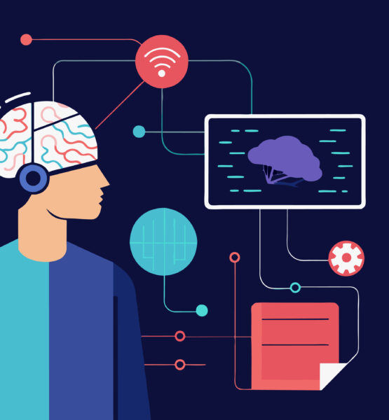 "Illustration eines Brain-Computer-Interfaces (BCI). Eine stilisierte Figur trägt ein Headset, das Signale von ihrem Gehirn an verschiedene digitale Schnittstellen sendet, die durch farbige Symbole und Linien dargestellt sind. Die Verbindungslinien führen zu verschiedenen Elementen wie einem Computerbildschirm mit einem Gehirnsymbol, einem Symbol für drahtlose Kommunikation und anderen grafischen Icons.