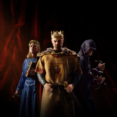 Boxart von Crusader Kings 3, das einen König umgeben von einer Diplomatin und einem Hofspion zeigt.