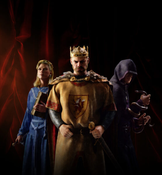 Boxart von Crusader Kings 3, das einen König umgeben von einer Diplomatin und einem Hofspion zeigt.