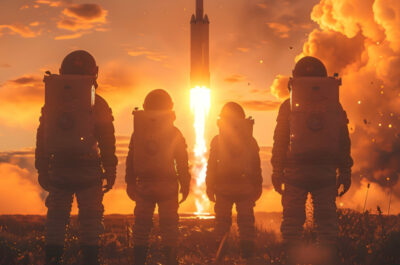 Vier Astronauten in voller Raumanzugausrüstung stehen auf einem Feld und beobachten einen Raketenstart bei Sonnenuntergang. Die Rakete hebt in einer spektakulären Wolke aus Feuer und Rauch ab, während der Himmel in warmen Orange- und Gelbtönen leuchtet. Die Szene vermittelt eine Atmosphäre von Abenteuer und Entschlossenheit.