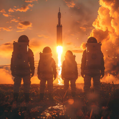 Vier Astronauten in voller Raumanzugausrüstung stehen auf einem Feld und beobachten einen Raketenstart bei Sonnenuntergang. Die Rakete hebt in einer spektakulären Wolke aus Feuer und Rauch ab, während der Himmel in warmen Orange- und Gelbtönen leuchtet. Die Szene vermittelt eine Atmosphäre von Abenteuer und Entschlossenheit.