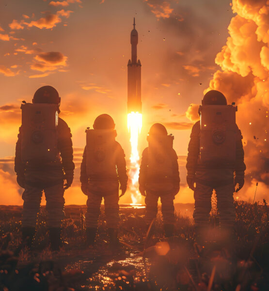 Vier Astronauten in voller Raumanzugausrüstung stehen auf einem Feld und beobachten einen Raketenstart bei Sonnenuntergang. Die Rakete hebt in einer spektakulären Wolke aus Feuer und Rauch ab, während der Himmel in warmen Orange- und Gelbtönen leuchtet. Die Szene vermittelt eine Atmosphäre von Abenteuer und Entschlossenheit.