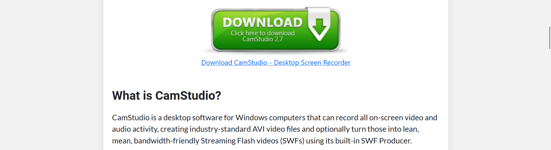 Screenshot der CamStudio-Website mit einer großen grünen Schaltfläche zum Herunterladen. Der Text beschreibt die Funktionalität der CamStudio-Software, die Bildschirm- und Audioaktivitäten aufzeichnet und in AVI- oder Flash-Videos konvertiert