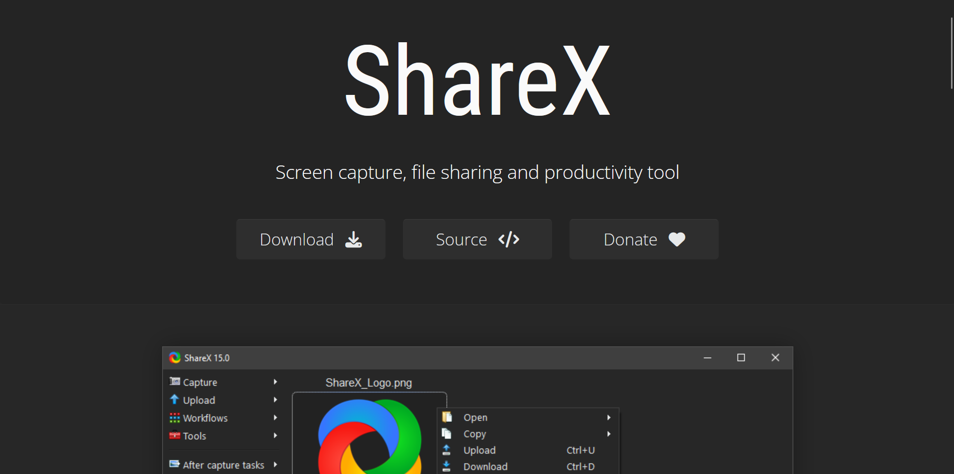 Homepage von ShareX, einer Software für Bildschirmaufnahme, Dateifreigabe und Produktivität. Die Seite zeigt das ShareX-Logo und Schaltflächen zum Herunterladen, Quellcode anzeigen und Spenden, sowie eine Abbildung der Benutzeroberfläche