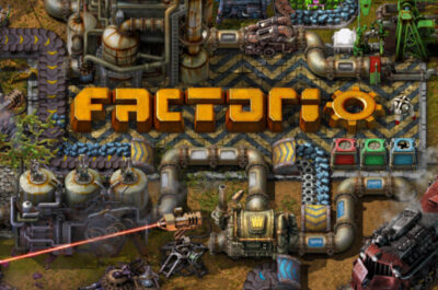 Factorio-Artworke dass viele Elemente einer typischen Factorio-Fabrik um den Schriftzug des Spiels herum zeigt.