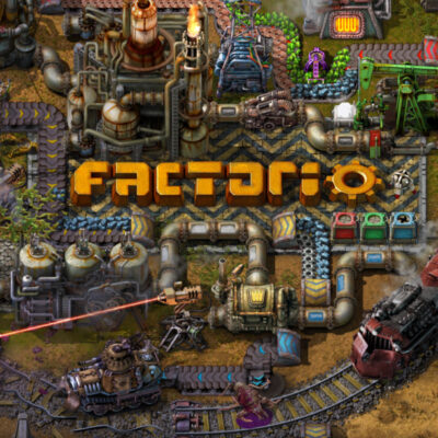 Factorio-Artworke dass viele Elemente einer typischen Factorio-Fabrik um den Schriftzug des Spiels herum zeigt.