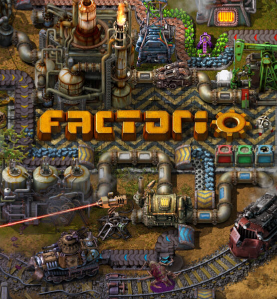 Factorio-Artworke dass viele Elemente einer typischen Factorio-Fabrik um den Schriftzug des Spiels herum zeigt.