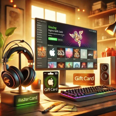 Ein fotorealistisches Bild eines modernen Schreibtischs mit einem Computerbildschirm, der eine digitale Verkaufsplattform anzeigt. Auf dem Tisch liegen Geschenkkarten für Razer Gold und Apple, umgeben von Gaming-Zubehör wie einem Headset und einer beleuchteten Tastatur. Der Hintergrund zeigt eine gemütliche Homeoffice-Atmosphäre mit warmem Licht, das die Praktikabilität und Vorteile digitaler Geschenkkarten betont.