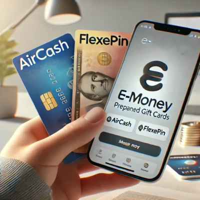 Es zeigt eine Hand mit bunten Prepaid-Karten wie "Aircash" und "Flexepin" sowie ein Smartphone mit einer digitalen Wallet-App im Hintergrund.