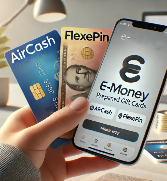 Es zeigt eine Hand mit bunten Prepaid-Karten wie "Aircash" und "Flexepin" sowie ein Smartphone mit einer digitalen Wallet-App im Hintergrund.