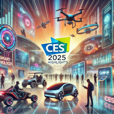 Futuristisches Beitragsbild zur CES 2025: Im Vordergrund sind moderne Technologien wie ein autonomes Elektrofahrzeug, Drohnen und ein futuristisches Geländeauto zu sehen. Im Hintergrund befinden sich eine digitale Konferenzhalle mit holografischen Displays und Beschilderungen mit der Aufschrift 'CES 2025'. Menschen interagieren mit den ausgestellten Technologien in einer lebendigen, innovativen Atmosphäre.