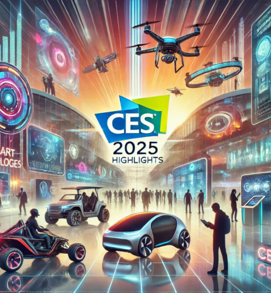 Futuristisches Beitragsbild zur CES 2025: Im Vordergrund sind moderne Technologien wie ein autonomes Elektrofahrzeug, Drohnen und ein futuristisches Geländeauto zu sehen. Im Hintergrund befinden sich eine digitale Konferenzhalle mit holografischen Displays und Beschilderungen mit der Aufschrift 'CES 2025'. Menschen interagieren mit den ausgestellten Technologien in einer lebendigen, innovativen Atmosphäre.