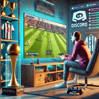 Ein fotorealistisches Bild zeigt eine Person, die auf einem bequemen Stuhl vor einem großen Bildschirm sitzt und ein Fußball-Videospiel spielt. Um den Spieler herum befinden sich Details, die Gemeinschaft und Wettbewerb darstellen, wie Pokale, eine Discord-Benutzeroberfläche auf einem nahen Bildschirm und ein Regal mit virtuellen Teamtrikots. Die Szene vermittelt eine gemütliche, aber auch wettbewerbsorientierte Atmosphäre und hebt die Verbindung zwischen virtueller und realer Fußballleidenschaft hervor.