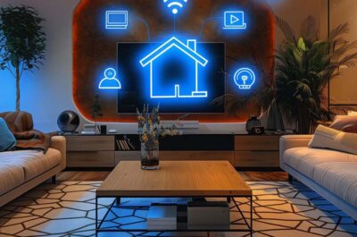 Das Bild zeigt ein modernes Wohnzimmer mit einem zentral platzierten Couchtisch, umgeben von gemütlichen Sofas. Im Hintergrund ist eine stilisierte Darstellung eines Apple Smart Home mit blauen Neon-Symbolen an der Wand zu sehen, die Geräte wie WLAN, Lampen, Fernseher und Kameras symbolisieren. Warmes indirektes Licht und Pflanzen verleihen dem Raum eine einladende Atmosphäre.