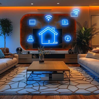 Das Bild zeigt ein modernes Wohnzimmer mit einem zentral platzierten Couchtisch, umgeben von gemütlichen Sofas. Im Hintergrund ist eine stilisierte Darstellung eines Apple Smart Home mit blauen Neon-Symbolen an der Wand zu sehen, die Geräte wie WLAN, Lampen, Fernseher und Kameras symbolisieren. Warmes indirektes Licht und Pflanzen verleihen dem Raum eine einladende Atmosphäre.