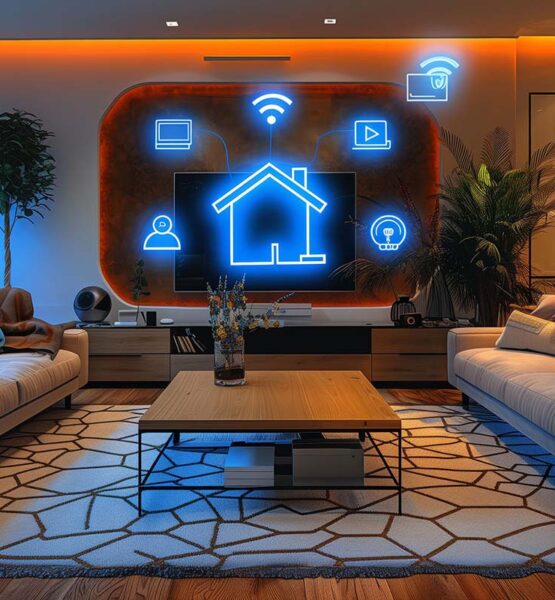 Das Bild zeigt ein modernes Wohnzimmer mit einem zentral platzierten Couchtisch, umgeben von gemütlichen Sofas. Im Hintergrund ist eine stilisierte Darstellung eines Apple Smart Home mit blauen Neon-Symbolen an der Wand zu sehen, die Geräte wie WLAN, Lampen, Fernseher und Kameras symbolisieren. Warmes indirektes Licht und Pflanzen verleihen dem Raum eine einladende Atmosphäre.