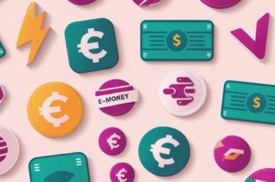 "Bunte, stilisierte Symbole für digitales Geld, darunter Euro- und Dollarzeichen, E-Money-Label, Gutscheine und digitale Zahlungsicons auf einem hellen Hintergrund. Die Farben Lila, Grün und Gelb dominieren das Design und vermitteln ein modernes, technologisches Finanzthema."